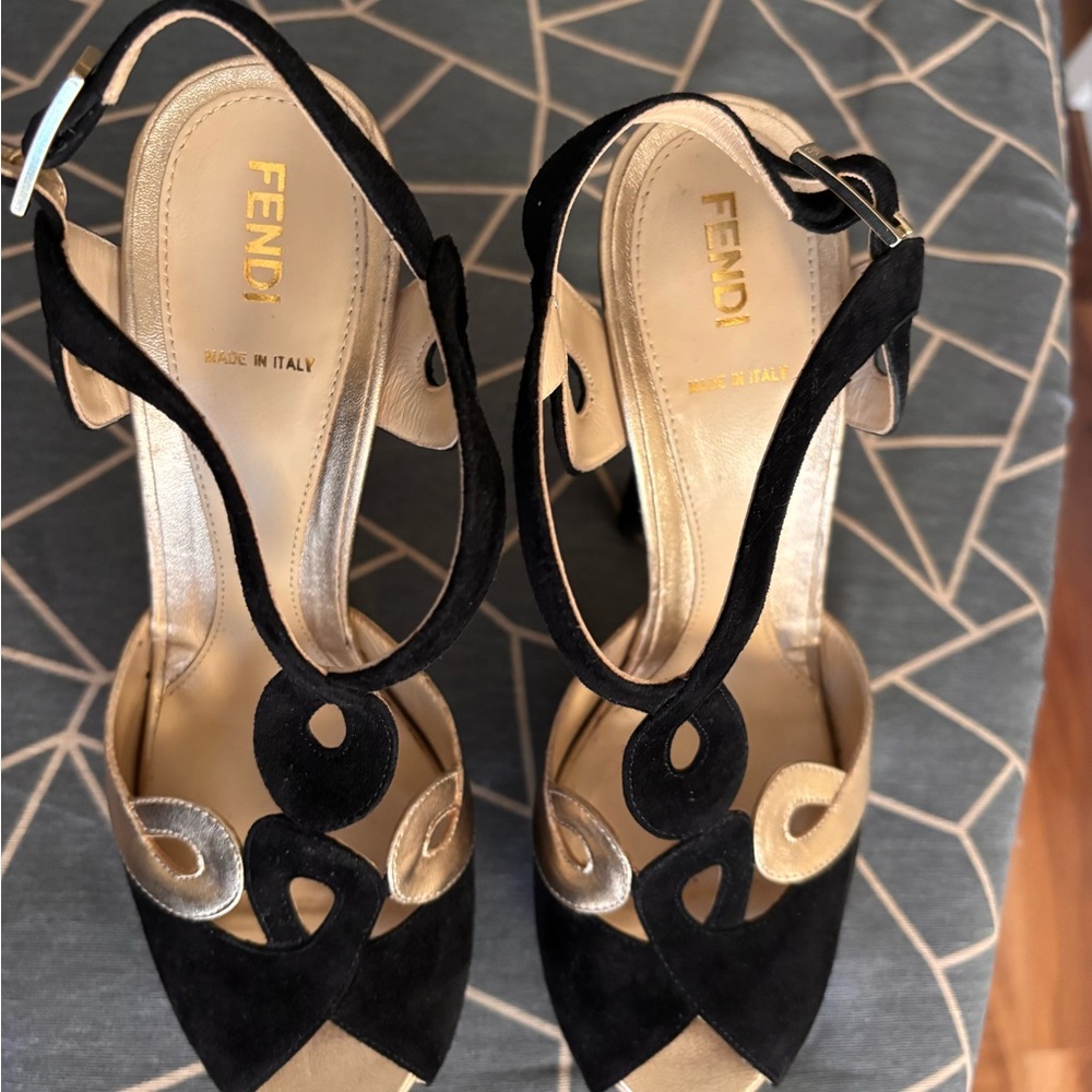 Fendi Black and Gold Heeled Sandals